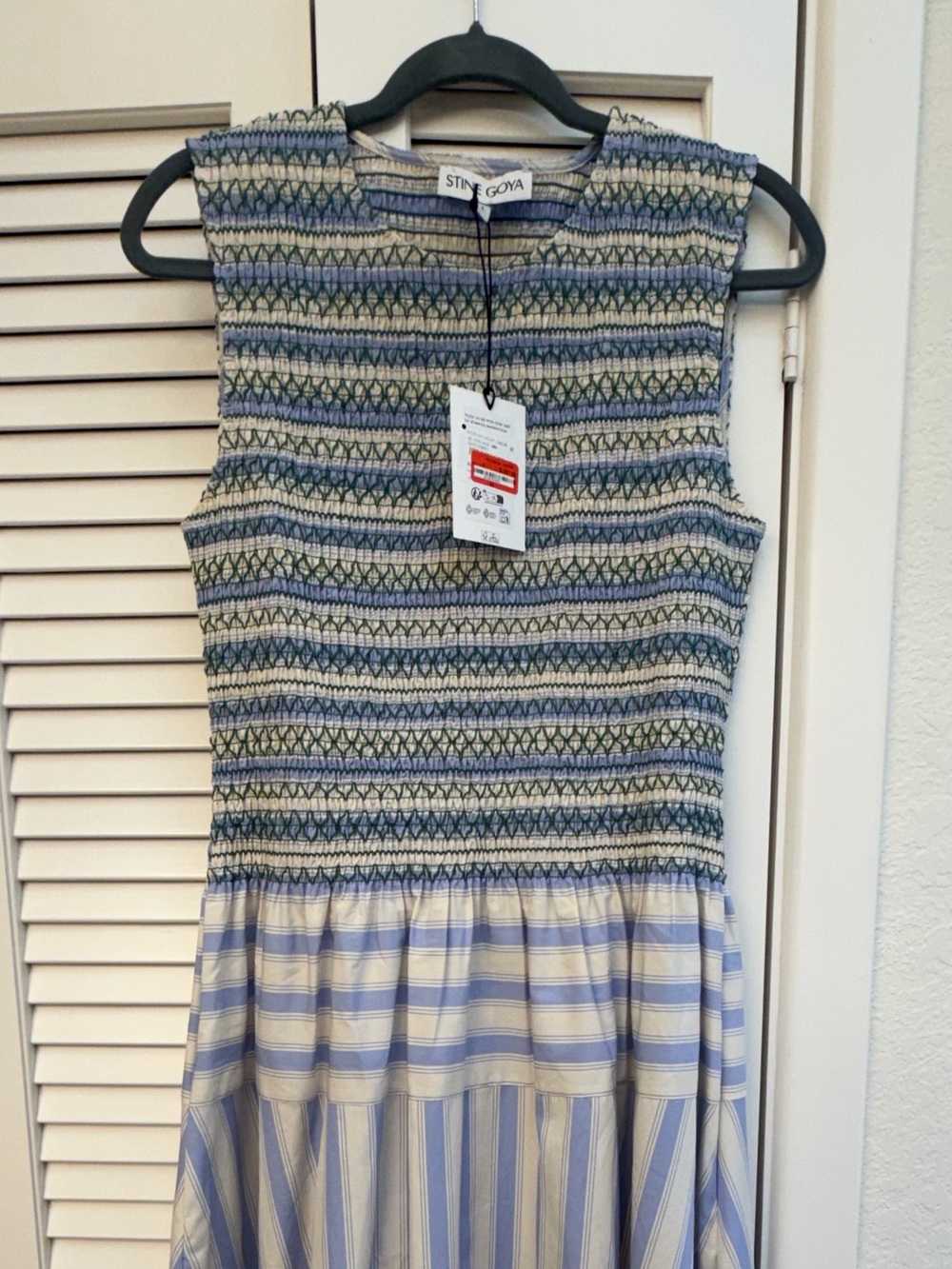STINE GOYA Blue, Cream & Green Smocked Striped Dress